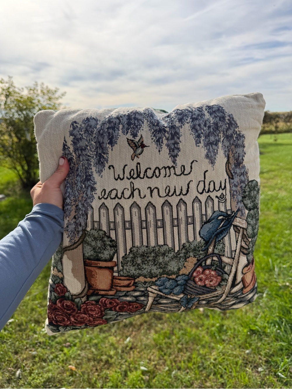 Vintage Hummingbird Welcome Each New Day Decorative Pillow 17x17
